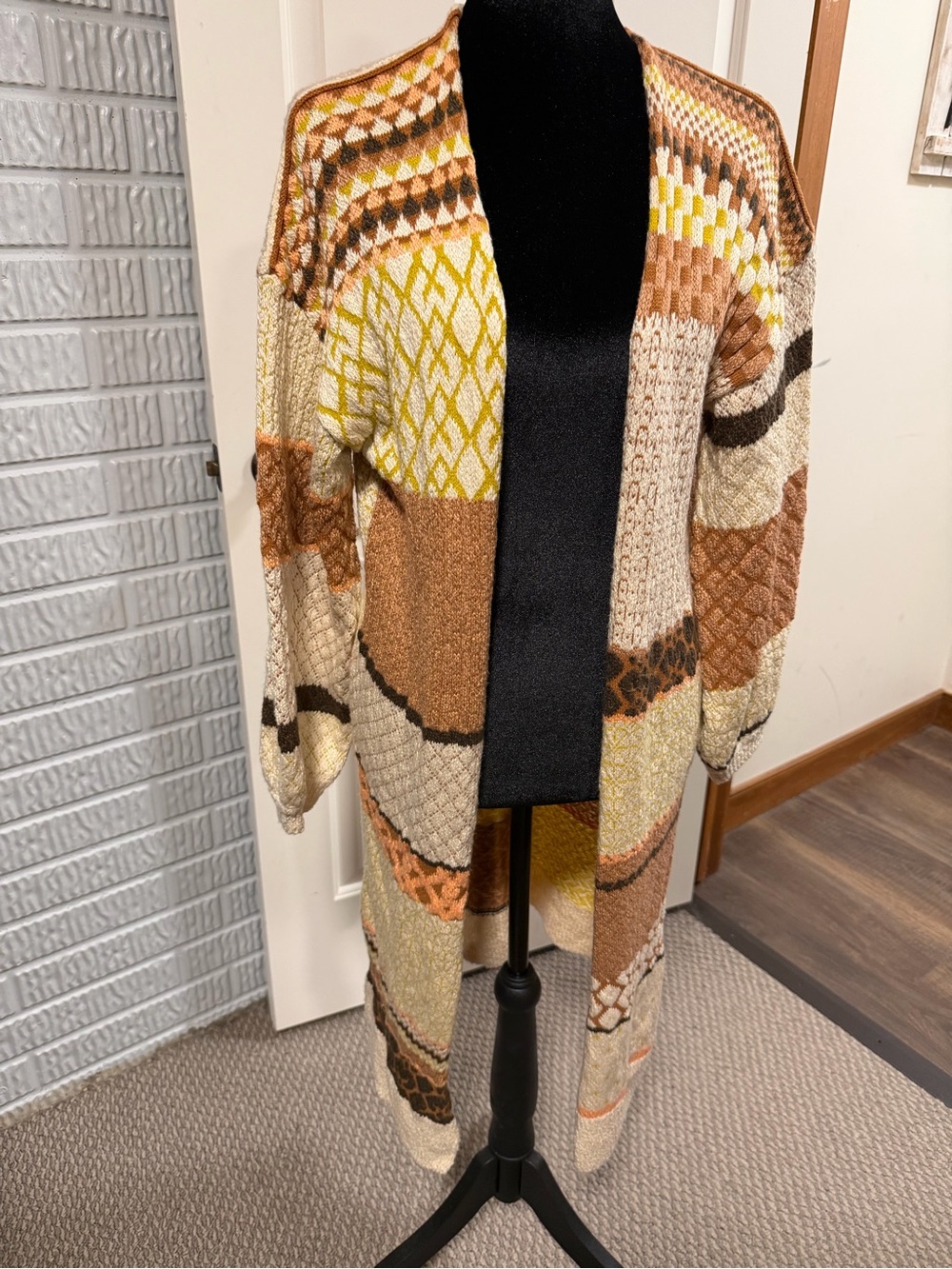 Black Tape Patchwork Knit Duster Cardigan Size Sm Boho Open Front Long Sweater